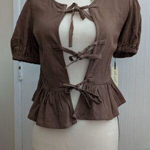 Brown Tie-Front Peplum Top
